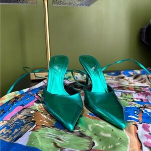 Zara Emerald Satin Pointed Mules